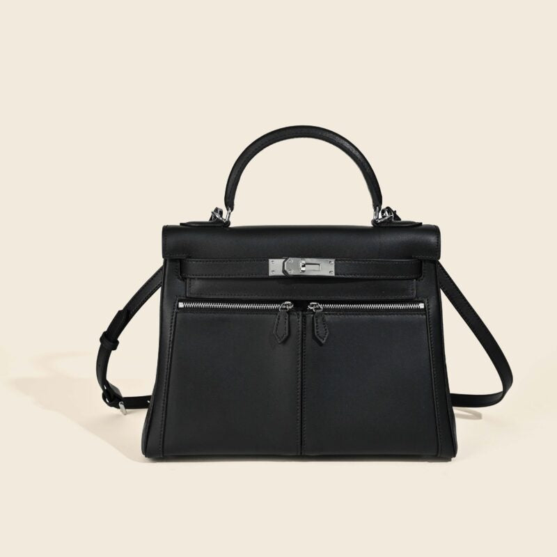 Sac À Main En Cuir Véritable Minimaliste À Double Poche Et Fermeture À Clé Pour Femmes